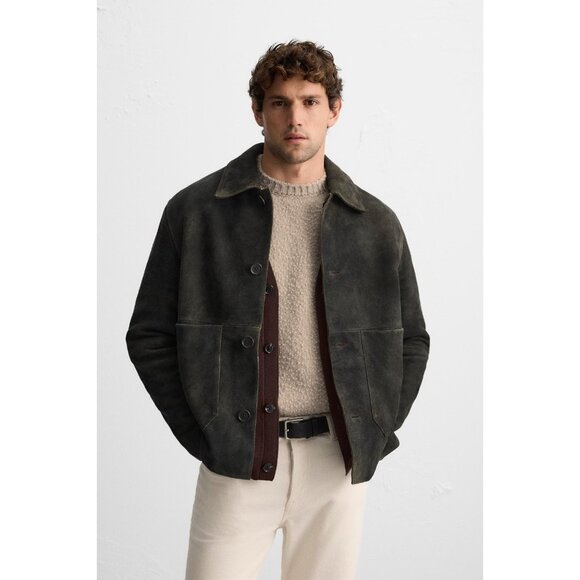 Zara Mens Leather Jacket Coat Large L Dark Olive Green Button Up 4416/500 NWT - Picture 1 of 12